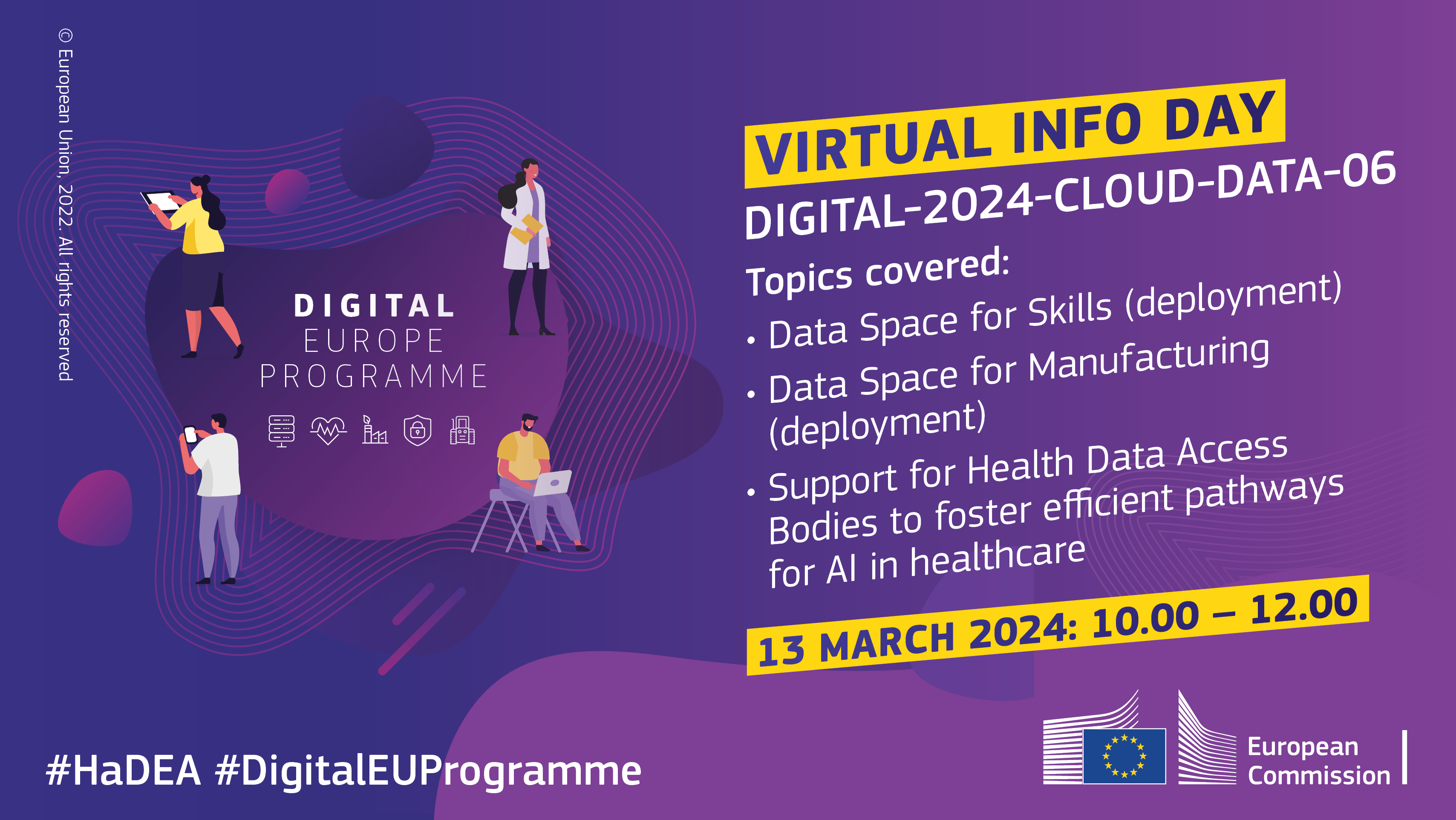 Purple background with visual identity of Digital Europe Programme. Virtual Info Day on 13 March.