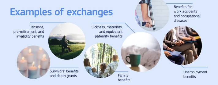 Examples of exchanges: Pensions,  pre-retirement, and invalidity benefits – Sickness, maternity,  and equivalent  paternity benefits - Benefits for  work accidents and occupational diseases - Survivors’ benefits and death grants - Family benefits - Unemployment benefits