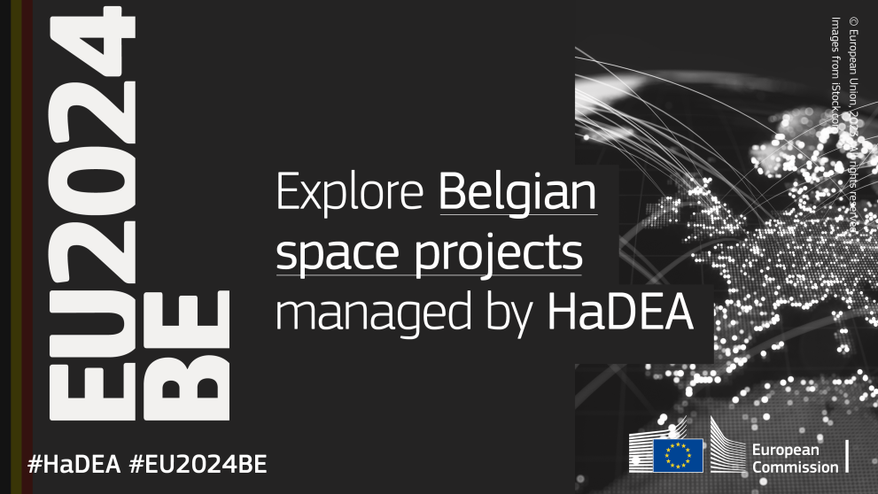 EU2024BE. Explore Belgian space projects managed by HaDEA. Visual of Europe seeing from space with black background.