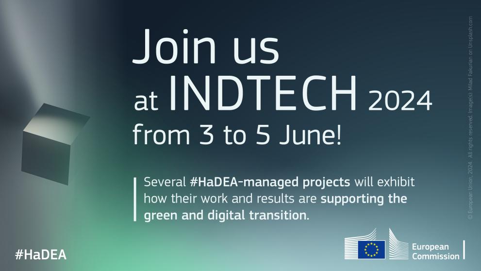 Green, grey and black degraded colors in the background with white letters. Text: Join us at INDTECH 2024 from 3-5 June! 