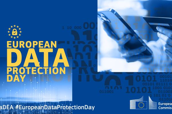 Data Protection Day 28 January 2024 - Blue background with an image of a person holding a phone and yellow letters. 