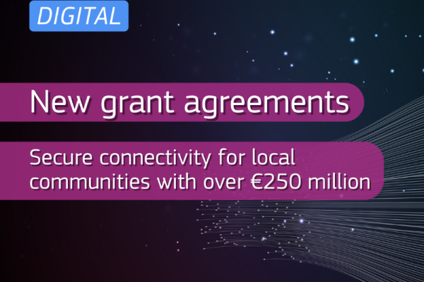 Text: Connecting Europe Facility DIGITAL. New grant agreements. Secure connectivity for local communities with over €250 million. 