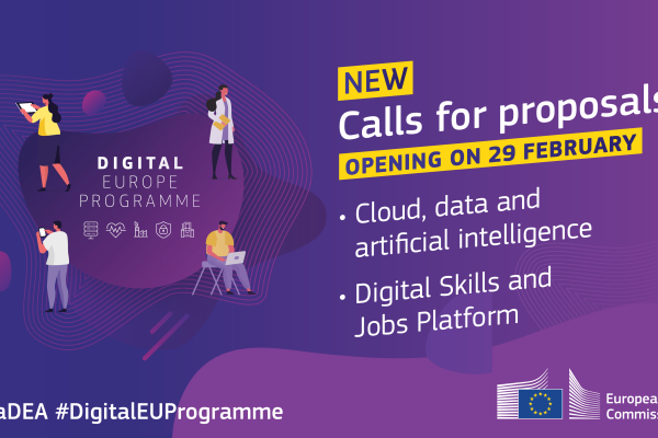 Purple background with letters white and yellow. Text on the left: DIGITAL EUROPE PROGRAMME. Text on the right: New call for proposals opening on 29 February. Cloud, data and artificial intelligence and Digital Skills and Jobs Platform