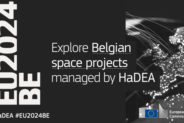 EU2024BE. Explore Belgian space projects managed by HaDEA. Visual of Europe seeing from space with black background.