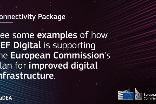 Connectivity Package - CEF Digital. Dark background with white letters. Text: See some examples of how CEF Digital is supporting the European Commission's plan for improved digital infrastructure.