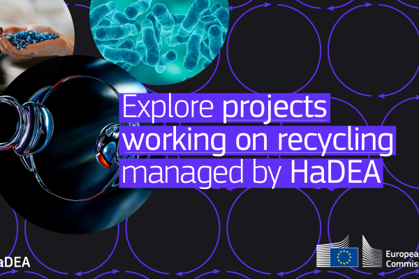 Dark background with images of recycled materials. Text: explore projects working on recycling managed by HaDEA