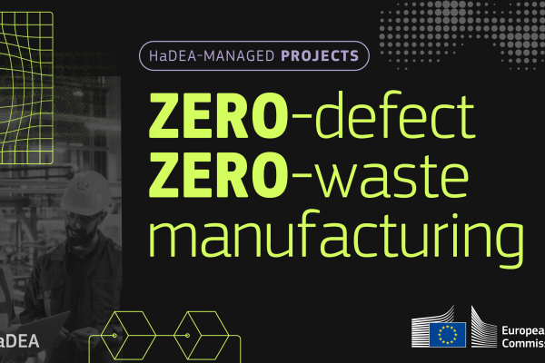 Dark background with yellow green letters. Text: HaDEA-MANAGED PROJECTS ZERO-defect ZERO-waste manufacturing.