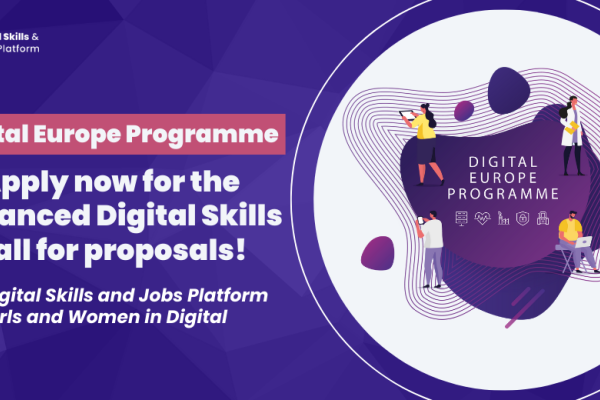 Blue background with white letters. Text: Digital Europe Programme. Apply now for the Advanced Digital Skills call for proposals. 