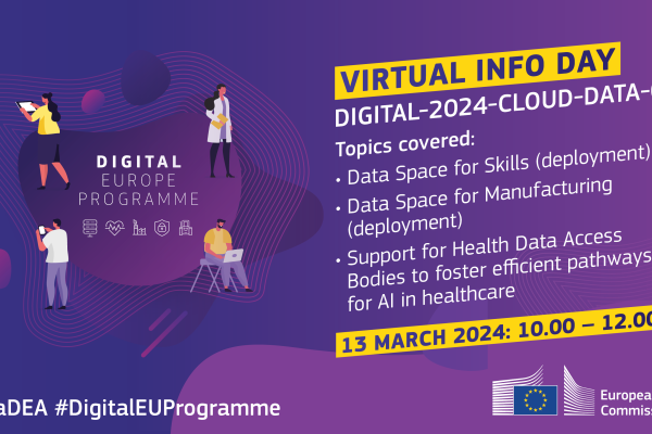 Purple background with visual identity of Digital Europe Programme. Virtual Info Day on 13 March.