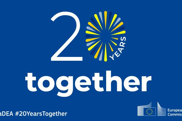 Blue background with white letters. Text: 20 years together. #HaDEA #20YearsTogether.