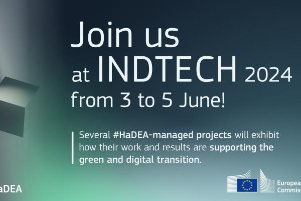 Green, grey and black degraded colors in the background with white letters. Text: Join us at INDTECH 2024 from 3-5 June! 